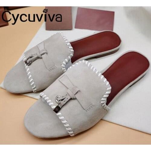 Open Toe Kid Suede Flat heel Slippers Women Candy Color Tassel Metal lock Mules flip flops Casual Slides Summer Shoes Woman 2021