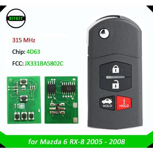 DIYKEY 313.8MHz 4D63 Replacment Flip Folding 3+1 4 Button Remote Key Fob for Mazda 6 RX-8 FCC ID: JX331BA5802C