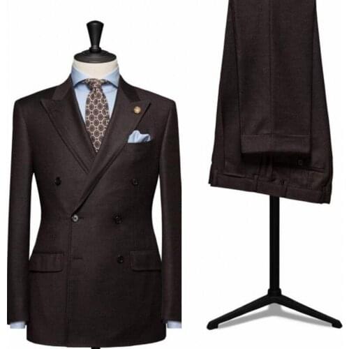 Slim Fit Groomsmen Peak Lapel Groom Tuxedos Chocolate Men Suits Wedding Best Man (Jacket+Pants+Tie+Hankerchief) B860