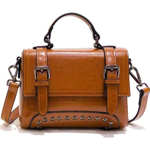 Genuine Leather Women Shoulder Bag Burnished Leather Rivet Handbag Female Crossbody Messenger Bag New Leather Bags For Ladies