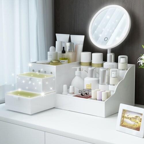 LED Mirror Makeup Organizer Box Bathroom Large Capacity Drawer Make Up Storage Boxes Nail Polish Skin Care Table Cosmetic Case