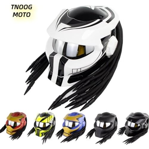 TNOOG Cool Predator Helmet DOT Approved Men Retro Moto Custom Full Face Motorcycle s Black Braid Casco ECE
