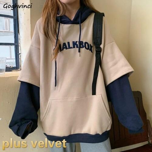 Hoodies Women Plus Velvet Thicker Korean BF Ulzzang Embroidery Letter Long Loose Pullovers Hooded Warm Students Daily Womens New