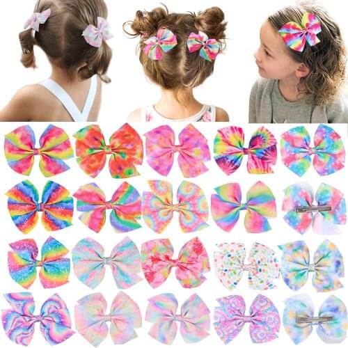 18pcs/set Girls Hair Bow Clips for Kids 4 Inch Ribbon Rainbow Printed Hairpins Tails Shape Hairbow Children Barrettes Hairclips