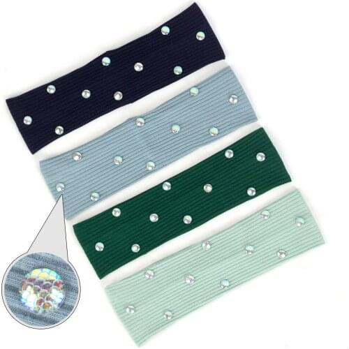 Women Ribbed Headband Laser Fish Scale Headwear Colorful Rhinestones Accessories Striped Cotton Hairband For Female Turban DZ783