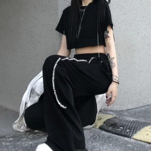 Goth Harajuku Black Wide Leg Pants Women Gothic Streetwear 2021 Spring Korean Fashion Straight Oversize Casual Trousers