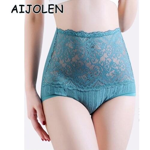 AIJOLEN Lace-embroidered Cotton Womens Panties High-waist Solid-color Tummy Underpants Stitching Hip Panties and Underwear