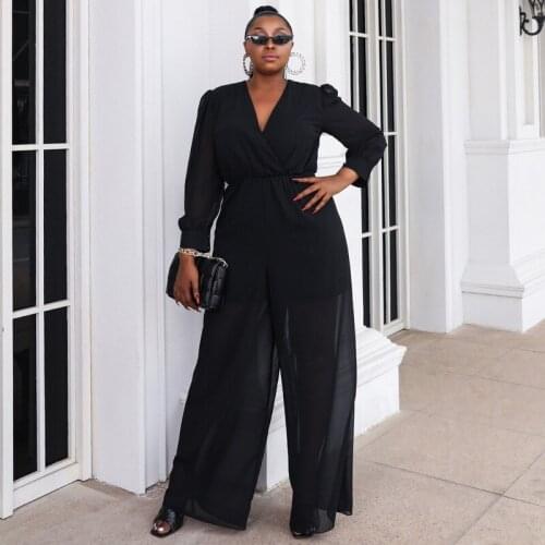 2021 Women Casual Loose Chiffon V-Neck Rompers African Clothes Plus Size Wide Leg Pants Summer European Clothing Playsuit YS1929