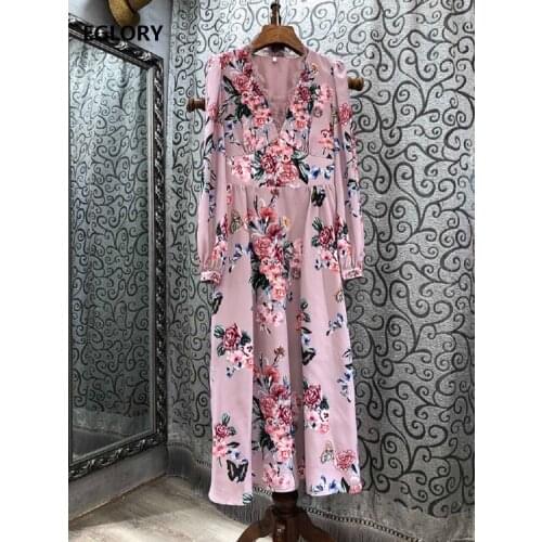 High Quality New Runway Dress 2021 Spring Summer Clothing Women V-Neck Charming Floral Print Lace Patchwork Pink Blue Dress XL