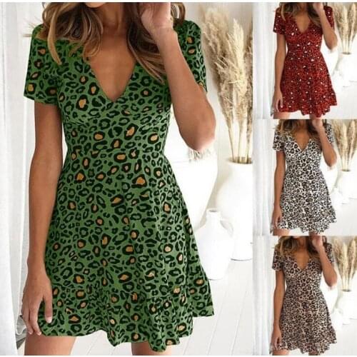Leopard Dress Women V-neck Mini Dress 2020 Summer Dresses Casual Female Short Sleeve Dress Slim Fit Women Clothes Mini Dresses
