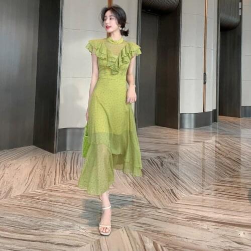 2021 Summer New Womens Fashion Celebrity Ruffle Stitching Waist Slim Wave Point Dress Chiffon Skirt