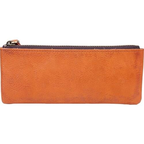 100% Genuine Leather Pen Bag Cowhide Vintage Men Women Children Long Zipper Pencil Box Case Holder Coin Purse School Supplies
