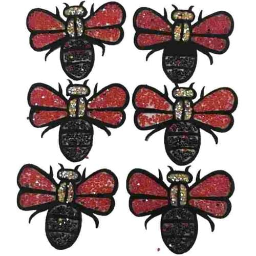 6 Pieces/lot Black and Red Rhinestones BEE Badge Patches for Clothes Hot Fix Beaded Applique Insect Honeybee Patch Iron on Patch