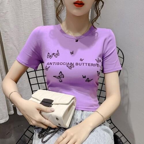Black White Green Purple Butterfly T Shirts Women Summer Cropped Streetwear Fashion Top Tee Slim Fit Short T-shirt Poleras Mujer