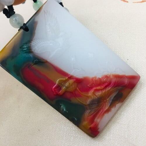 Pure natural colorful jade hand-carved two-tone crane lotus pendant with three-color bead necklace men and women sweater chain