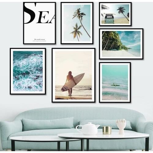 Palm Starfish Surfboard Girl Seascape Wall Art Canvas Painting Nordic Posters And Prints Wall Pictures For Living Room Decor
