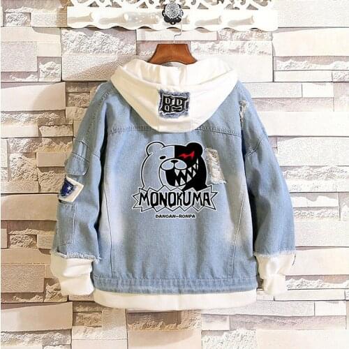 Anime Danganronpa Cowboy Hooded Coat Cosplay Costume Men Women Daily Cartoon Monokuma Printing Denim Jacket Clothes C65M193