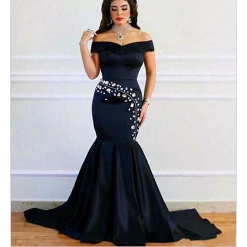 Fengyudress Dark Navy Mermaid Evening Dresses Off The Shoulder Sleeveless Rhinestones Pleated Simple Satin Plus Size Prom Party