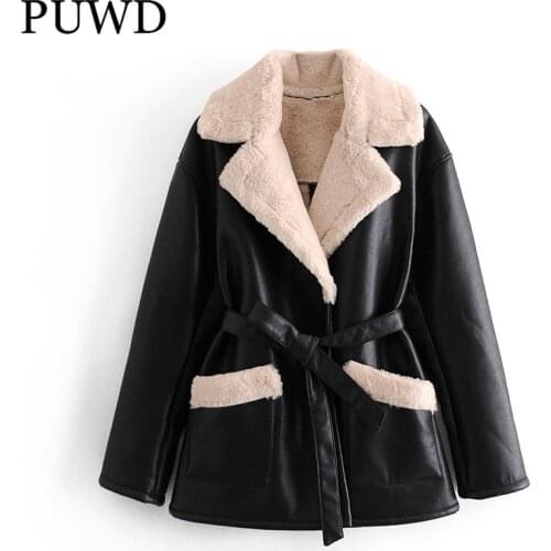 PUWD Women Black Faux Leather Jacket 2021 Autumn Winter Ladies Thick Wool Liner Sashes Streetwear Coat Female Pocket Outerwear