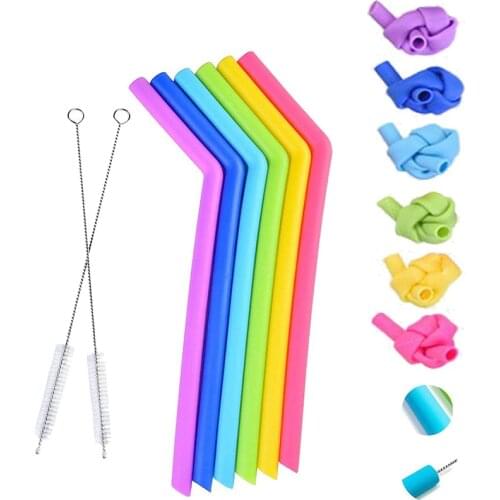 6 pack Rainbow Colored Reusable Silicone Straws Extra Long Flexible Bend Smoothies Straws Reusable Drinking Straws for 30 oz Yet