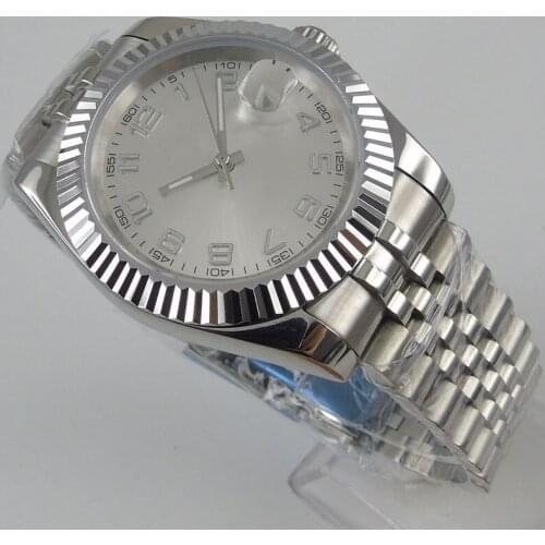 39mm Silver dial Men Steel Case Watch 21 Jewels Japan MIYOTA 8215 Automatic Wristwatch Fluted Bezel Brushed Jubilee Strap