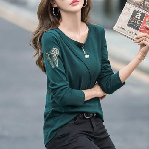 New Bow Mesh Embroidery T-Shirt 2020 Beaded Long Sleeve Shirt Women Korean Style Cotton Woman Clothes Tee Shirt Female Plus Size