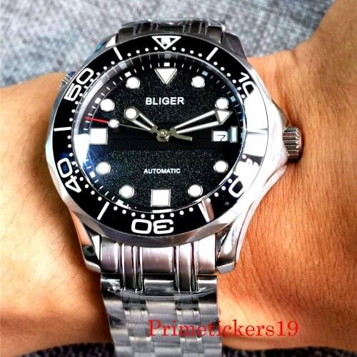 New Mechanical Automatic BLIGER 41mm Mens Watch Sapphire Glass Auto Date Stainless Steel Bracelet Solid Back