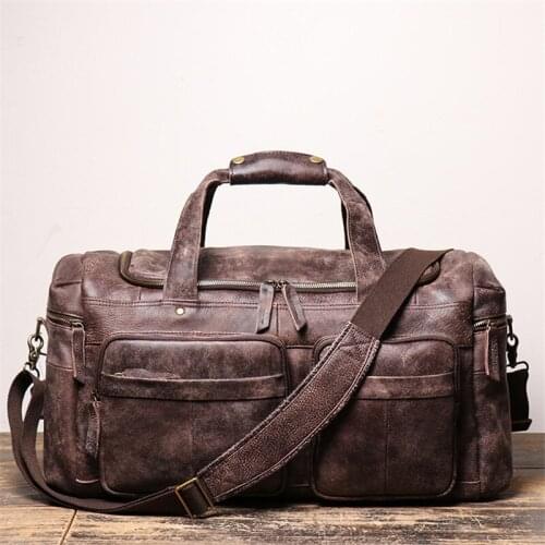 POOLOOS Highend Large Capacity Vintage Brown Coffee Genuine Leather Business Men Travel Bags Shoulder Messenger Duffle Bag M1419