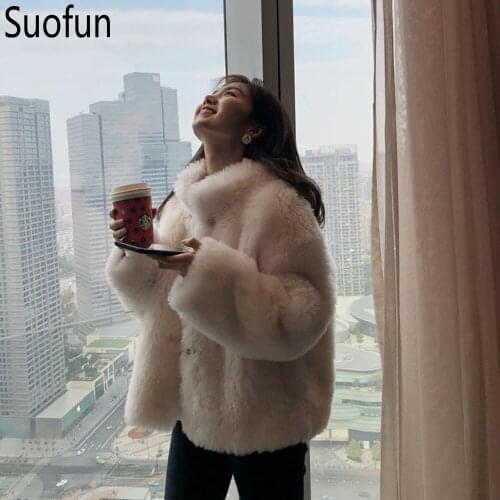 Suofun Loose O-Neck Wool Sheep Shearing Coat Fashion Women Fur Coat Fur One Piece Short Small Stand Collar Ladies Winter Coat