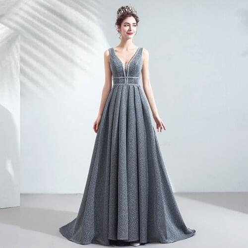 Evening Dresses Vintage V-Neck Sleeveless Sequin Backless Luxury Gray A-Line Floor-Length Elegant Women Formal Party Gown TS048