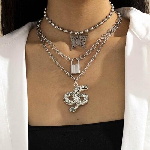 Vintage Exaggerated Butterfly Dragon Lock Pendant Necklace for Women Multilayer Punk Party Jewelry Beaded Geometric Necklaces