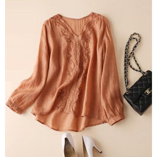 Brief Solid Color Cotton Long Sleeve Tees Shirt Women Loose Casual Top 2021 Vintage Embroidery V-neck High Quality Woman T-Shirt