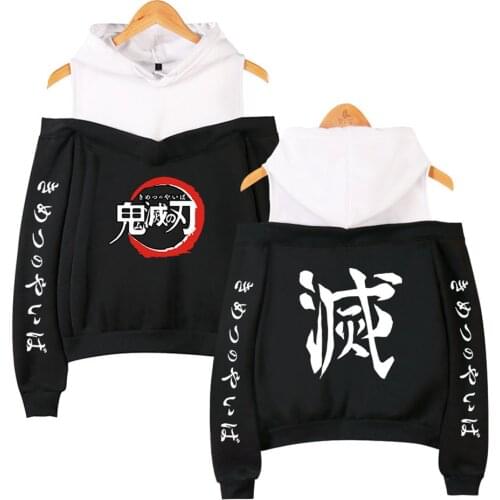 Anime Demon Slayer Kimetsu No Yaiba Patchwork Hoodie Womens Off Shoulder Sexy Hoodies Nezuko Kamado Pullovers Kawaii Clothes
