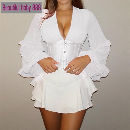 Meqeiss Corset Patchwork Lantern Sleeve Design T-Shirt Women Tops 2021 Spring Autumn Elegant Bandage Halter Design Top Female