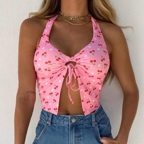 2021 Summer Womens Fashion Sexy Halter Hollow Girl Pink Cherry Printed Navel Vest Women