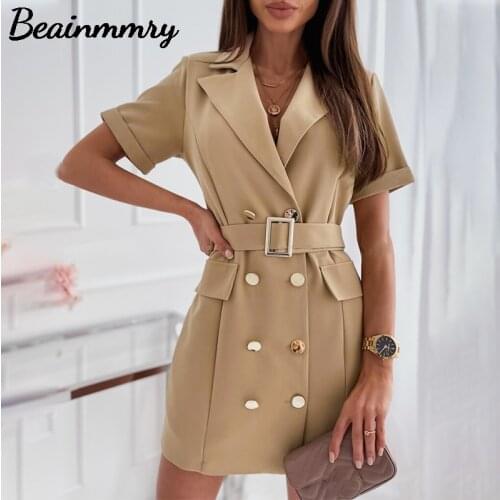 Women Elegant Double-Breasted Turn Down Collar Mini Dress Summer Fashion Casual Short Sleeve Solid A-Line Slim Party Dress