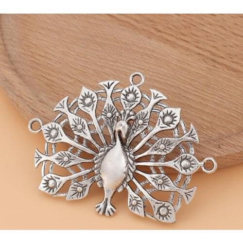 10pcs/Lot Tibetan Silver Large Peacock Charms Pendants for Necklace Jewelry Making Accessories 49x66mm