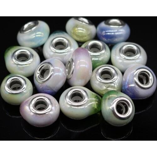 50Pcs Ceramic European Charms Beads Silver Plated Cord Big Hole Loose Bead Fit Charms Bracelet & Bangle Jewelry Finding