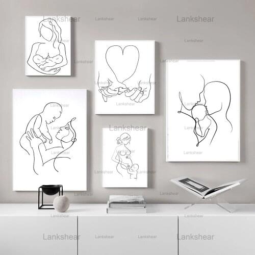 Abstract Minimalist Canvas Painting Family Portrait Mom Dad Baby Art Line Drawing Posters Painting Nursery Decorative Pictures