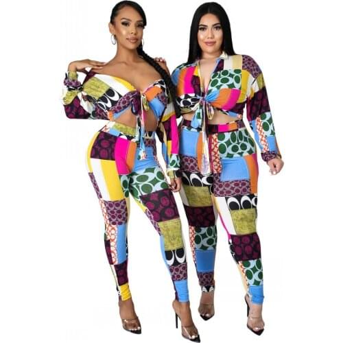 Pant Suits 2 Piece Women Outfits Autumn New Casual Printed Tights Pants Set Top Long Sleeve Matching Fashion Two Piece Sets