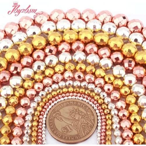 2,3,4,6,8,10mm Round Beads Faceted Silver Rose Gold Hematite Stone Bead For DIY Accessories Bracelet Necklace Jewelry Making 15"