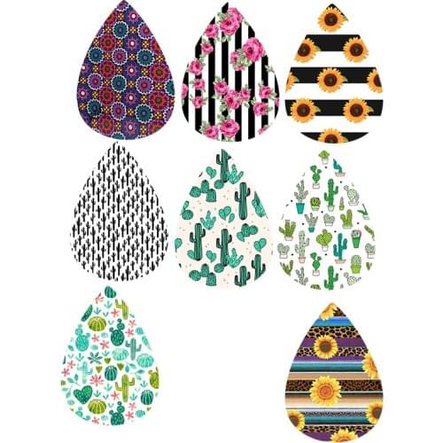 Customize Leather Earrings Sunflower Cactus Plant pattern Print Double Side Teardrop Earrings