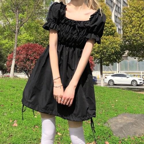 Summer Kawaii Soft Girl Lolita Dress Sweet Square Collar Bow Puff Sleeve Vintage Drawstring Dresses Black Folds Mini Dress Women