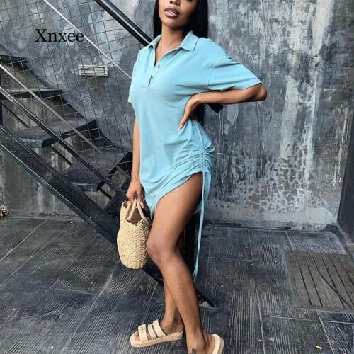 Summer Womens Short Sleeve Collar Shirt Dress Casual Solid Color Dress Sports Home Skirt