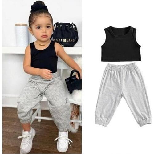 Citgeett Summer Kids Baby Girls Fashion 2-piece Outfit Set Black Top+Gray Pants Set Sports Clothes