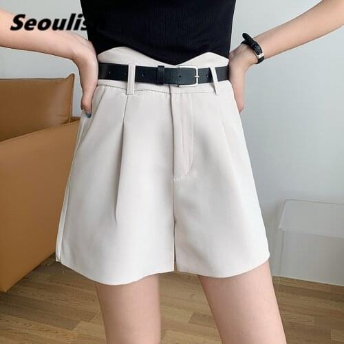 Seoulish Summer 2021 New Elegant Womens Shorts with Belted High Waist A-Line Suit Shorts Casual Loose Female Wide Leg Trouses