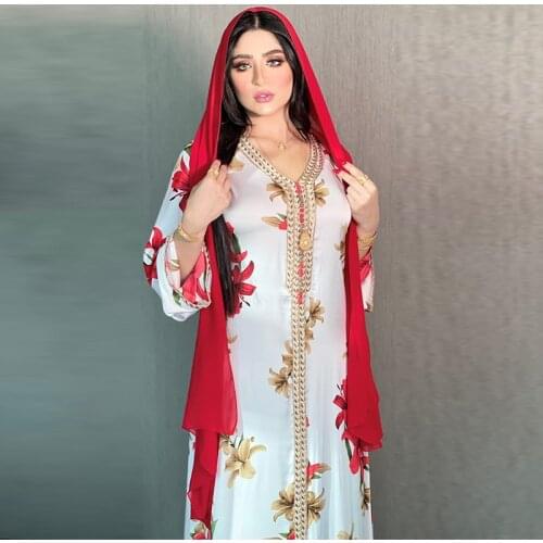 Mandylandy Muslim Women Islam Clothing Muslim Printed Dress Lace Ribbon Arab Abaya Dubai V-neck Floral Print Hijad Turkey Kaftan