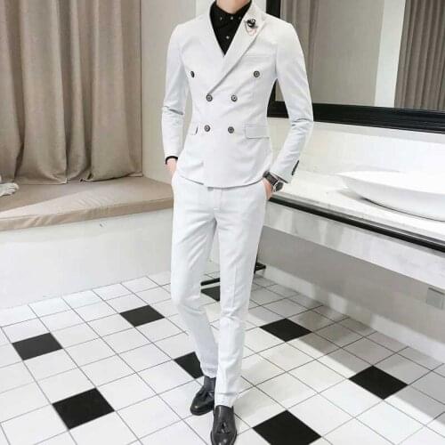 White Groom Wedding Tuxedos Men Suits Pants Double Breasted Costume Groomsmen Blazer Prom Party Slim Fit Terno Masculino 2Piece