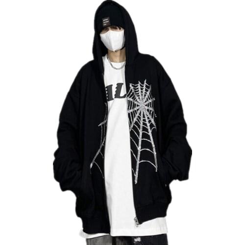 Fall Winter Hot Diamond Casual Hoodies Men Cobweb Rhinestone Zip Up Hooded Sweatshirt Young Boys Harajuku Hip Hop Streetwear