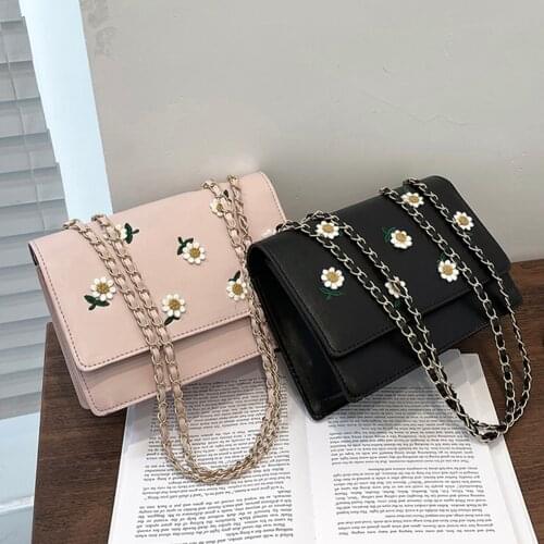 Casual Women Flower Printing Shoulder Bags Small PU Leather Underarm Bag Female Chain Flap Design Crossbody Bags
